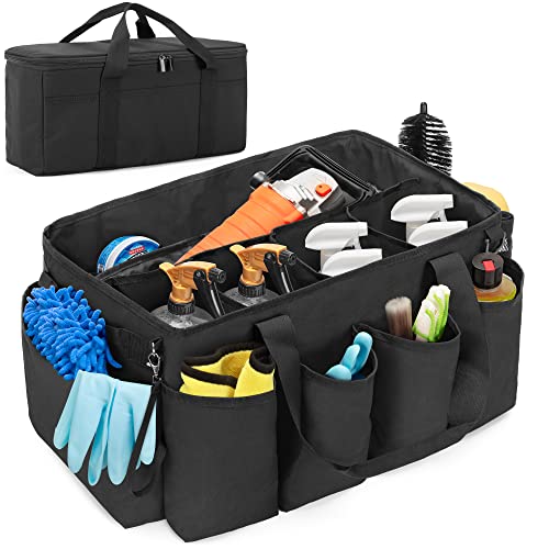 Detailing Bag with Polisher Carry Bag, Large Detail Bag Car Care Box for Auto Detailing Supplies, Car Wash Caddy & Trunk Organizer for Buffer Bottle Towel & Cleaning Kit, Black, Patent Design