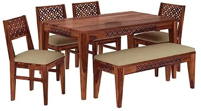 Image of Sheesham Wood 6 Seater Dining Table Set for Home Hall || Solid Wood CNC Dining Table with 4 Chairs and Bench for Hotels || Dining Room Sets (Honey Finish)