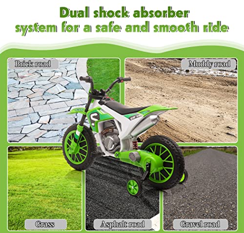 TOBBI Electric Motorcycle for Kids 12V Dirt Bike Ride on Toy Battery Powered Motorbike Off-Road Motocross Kid Motorized Vehicles w/ 2 Speeds, 35W Dual Motors, Training Wheels, Green - Image 5