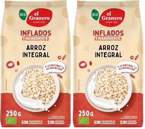 El Granero Integral - Arroz Integral Ecológico Inflado - Sin Azúcar Añadido - Ayuda a Mejorar el Tránsito Intestinal - Apto para Veganos - 250 gr (Paquete de 2)