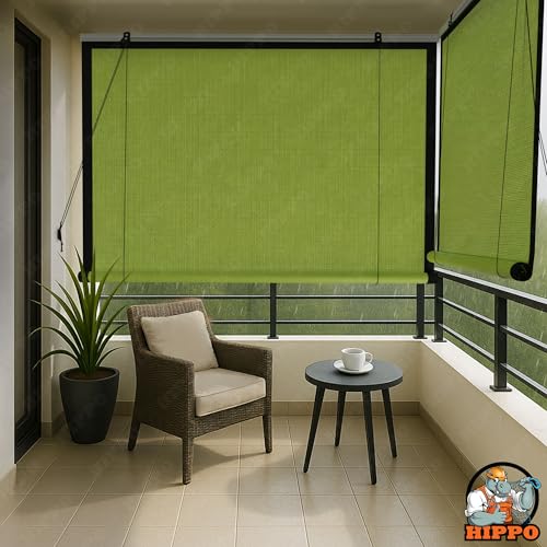 Image of HIPPO Waterproof Balcony Chick Blind W-3FT X H-8FT Sun, Rain & Dust Protection Rope Mechanism Roll Up Down Outdoor Bamboo Shade for Home Window, Restaurant, Hotel, Resort (Lime-Grass, 1 PC)