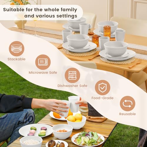 Image of Homienly Wheat Straw Dinnerware Sets - 16 PCS Unbreakable Dinner Plates,Dessert Plates,Cereal Bowls,Drinking Cups,Dishes Sets for 4,Reusable Dishwasher & Microwave Safe for Kitchen - White