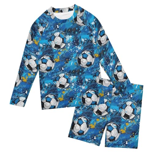 Football Soccer Sport Blue Boys Rash Guard Swimsuits Set for Boys Long Sleeve Swim Shirts Bathing Suits B0402948