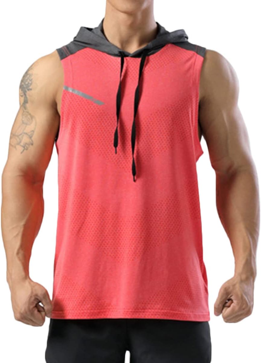 Men's Sleeveless Workout Hoodie Tank Top Athletic Gym Muscle Cut Off Hooded Tee Quick Dry Mesh Breathable Shirt