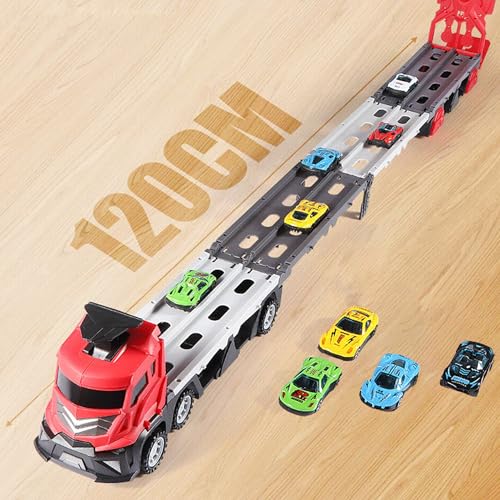 Image of Kidology Car Carrier Truck Toy Set - Mega Hauler Race Track with Ejection - 4 Mini Racing Cars - Folding Storage Truck Toy for Kids - Boys & Girls Toy for 3+ Years Old (Mega Hauler Truck - Red)