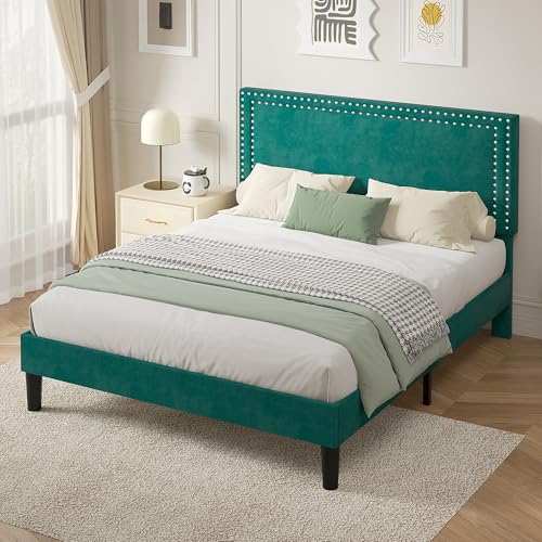 Image of VECELO Queen Size Platform Bed Frame with Height Adjustable Upholstered Headboard, Modern Mattress Foundation,Strong Wood Slat Support, No Box Spring Needed, Easy Assembly,Dark Green