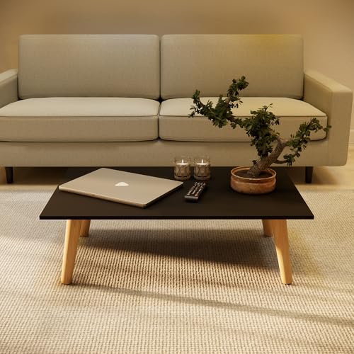 Mesa de Centro Moderna, 80 x 42 cm, Tampo MDF, Pés em Madeira Maciça, Altura 32,5 cm (Preto)