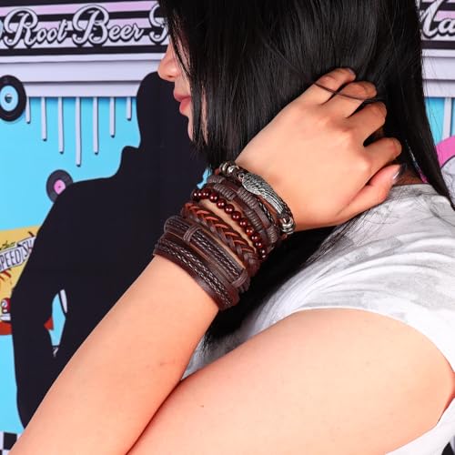 Manfnee 6-12PCS Braided Faux Leather Bracelet Punk Cuff Wrap Bracelets for Men Women Adjustable4