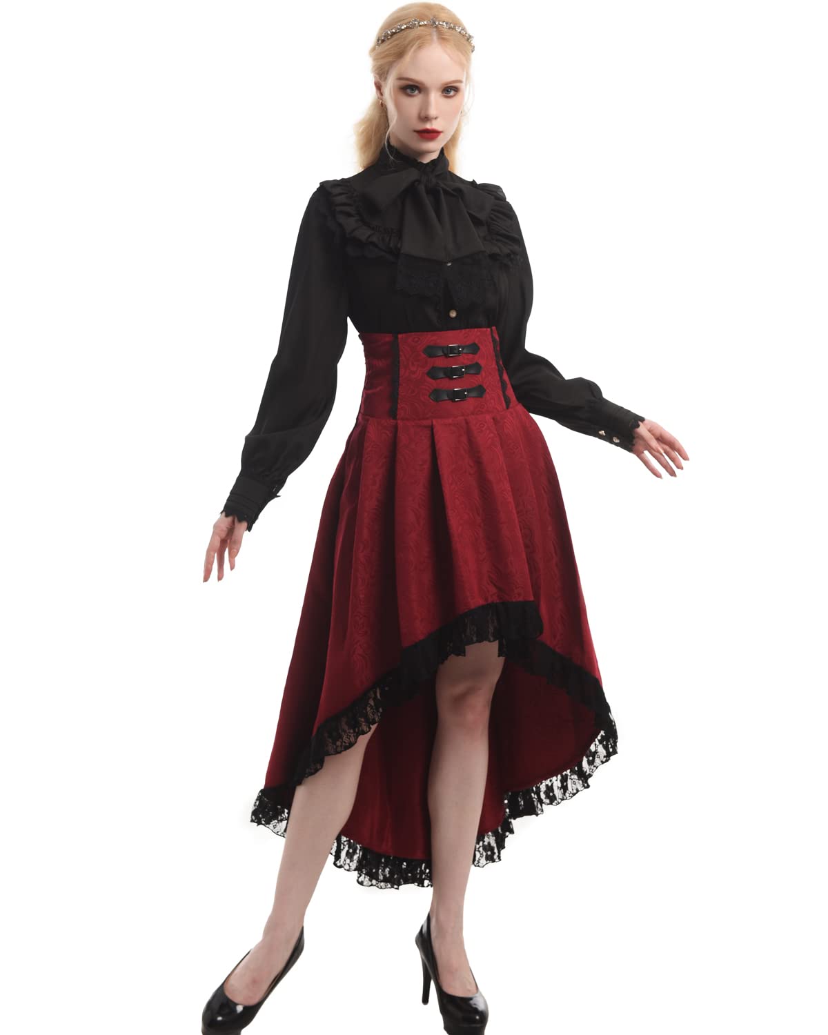 Fiamll Damen Gothic Steampunk Rock Viktorianischer Piratenrock mit hoher Taille und Rüschen