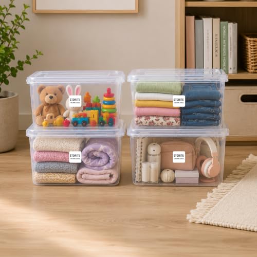 Image of Storite 4 Pcs 25L Plastic Storage Box with Lid-Stackable Organizer Box | Storage Box for Clothes, Kids Toys, Kitchen - Plastic Storage Container Basket for Home, Office, Bathroom(Transparent)