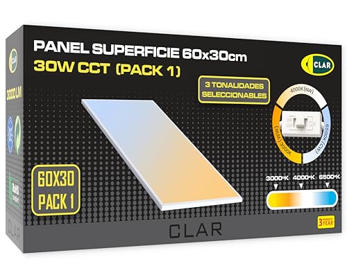 CLAR - Panel LED Superficie 60x30, Plafón para Techo Cocina, Pantalla de 3000 Lúmenes CCT (Selector de Color Blanco Calido, Neutro y Frio) (Pack 1)