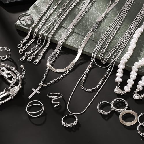 VKME 43 PCS Silver Jewelry Set for Women,Ball Dangle Hoop Earrings,Multi  Layered Bracelets,Stackable Knuckle Rings,Adjustable Dainty ... VKME 43 PCS Silver Jewelry Set for Women,Ball Dangle Hoop Earrings,Multi  Layered Bracelets,Stackable Knuckle Rings,Adjustable Dainty ...
