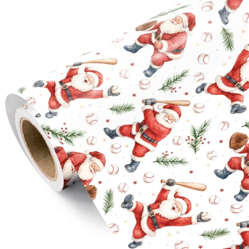 WRAPAHOLIC Christmas Wrapping Paper Roll - Mini Roll - 17 Inch x 16.5 Feet - Santa Claus with Baseball Wrapping Paper Perfect for Holiday Party Celebration