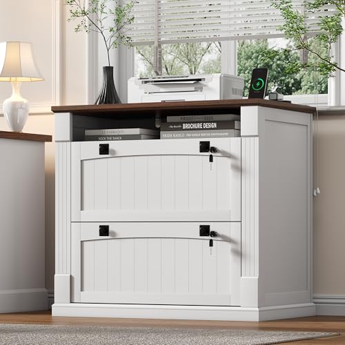 Loomie White 2 Drawer File Cabinet with Lock & Charging Station,37'' Farmhouse Lateral Filing Cabinet with Open Storage Shelves for Home Office,Wood Printer Stand for Files/Letter/Legal/A4/F4 Size