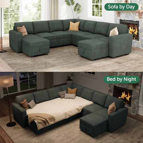 Image of HONBAY Modular Sectional Sleeper Sofa with Pull Out Couch, Corduroy Oversized Sectional Couches Pull Out Bed with U Shaped Sleeper Storage for Living Room - Green