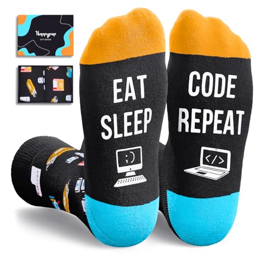 Socks with "Eat Sleep Code Repeat" text, featuring colorful designs, ideal for tech enthusiasts and geeks, related to lifestyle tech accessories.