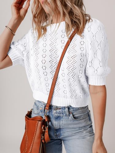 Womens Crochet Puff Short Sleeve Sweater Tops Crewneck Cover Up Lightweight Pullover Sweaters Blouse for Dress3