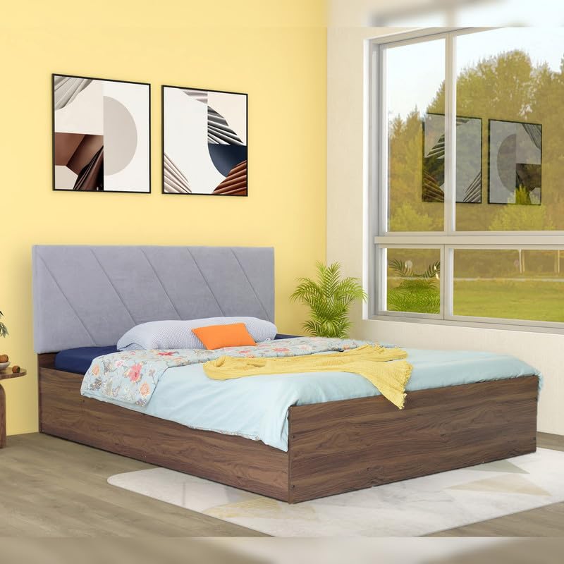 Image of Amazon Brand - Solimo Bed | 1 Year Warranty | Double Bed, Queen Size, Sutra Premium Upholstery, Comfortable Seating Height Bed, Non-Woven Base & 3mm MDF, Walnut Colour (Melamine Finish)