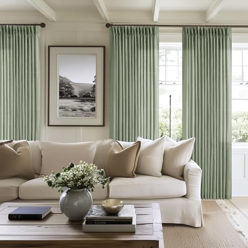 Image of Sage Green Pinch Pleated Linen Light Filtering Curtains 80 Inches Long | Semi Sheer, 400GSM Thick Fabric, for Living Room Bedroom Window Sliding Glass Door, Pinch Pleat with Hooks Rings Back Tab