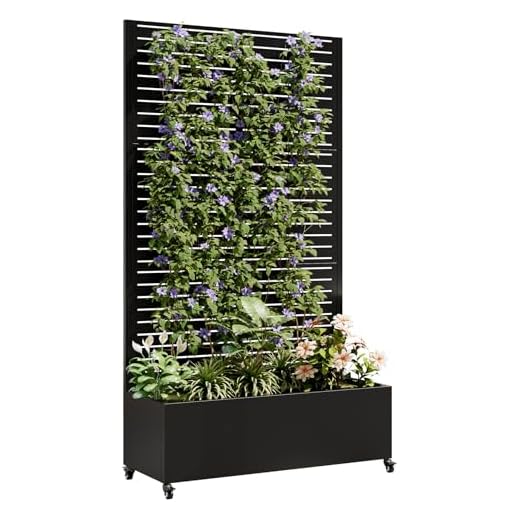 Metal Planter Box with Trellis, 73-Inch Tall Raised Garden Bed with Wheels, Privacy Screen Planter for Climbing Plants, Vegetables & Vines, Galvanized Steel Outdoor Privacy Shield, Black (Square)