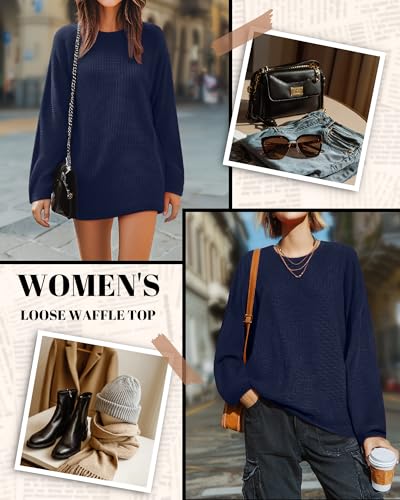 Womens Long Sleeve Shirts Oversized Waffle Knit Cotton Tunic Tops Casual Crewneck Long Shirts Wear with Leggings4
