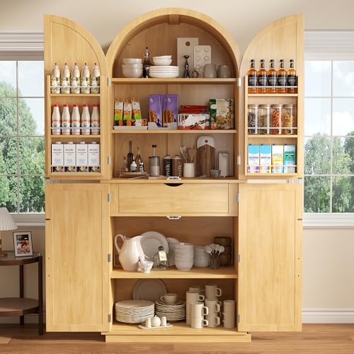 iPormis 71' Tall Arched Cabinet with Doors, Farmhouse Kitchen Pantry with 6-Tier Door Shelves & Drawer & Adjustable Shelves, Modern Wood Storage Cabinet for Dining Room, Living Room, Bathroom, Natural