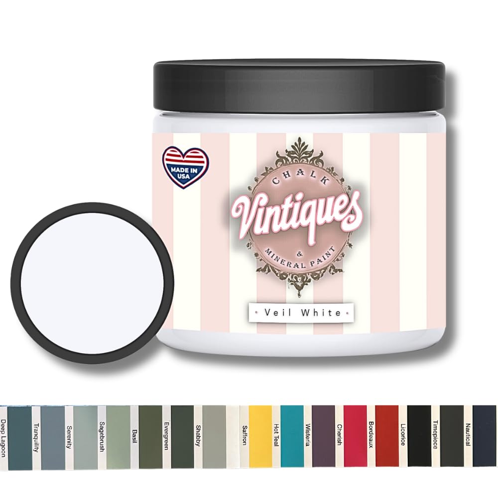 Vintiques Chalk & Mineral Paint, Veil White, 8oz - Matte Finish- Easy Application for DIY Projects - Furniture, Wood, Metal, Home Decor and More -