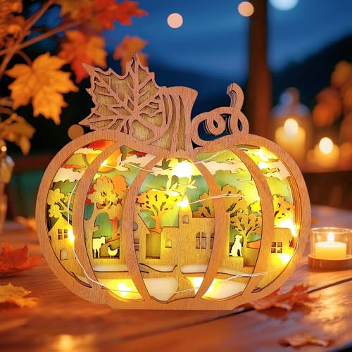 Herbstdeko Beleuchtung Holz Herbst Dekoration Lampe, 3D Ausgehöhlte Herbst Deko Kürbis mit LED Lichterkette Für Herbstdeko innen Schlafzimmer Wohnzimmer Tisch Deko, Herbst Geschenke