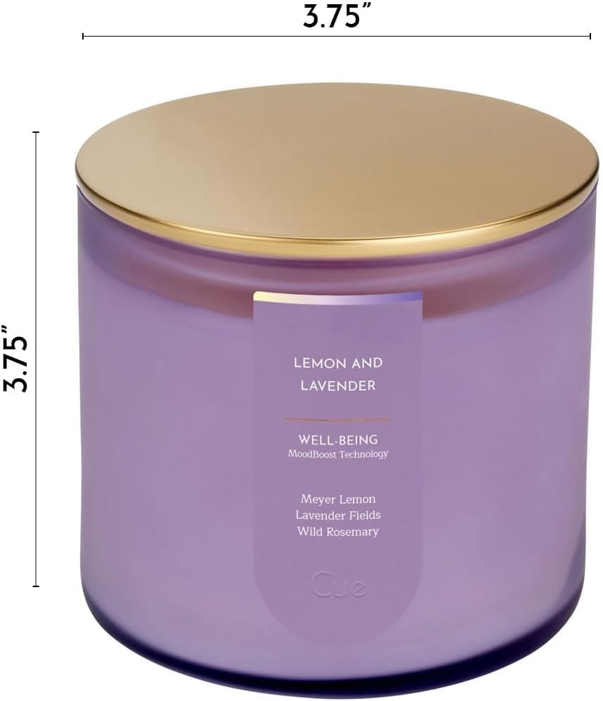 CUE Scented Candle |MoodBoost Essential Oils |OpenWick Clean Burning Candle | Soy Coconut Wax Blend | Candle for Home | Self-Care Gift for Women |Extended Burn Time (14oz, Lemon and Lavender)