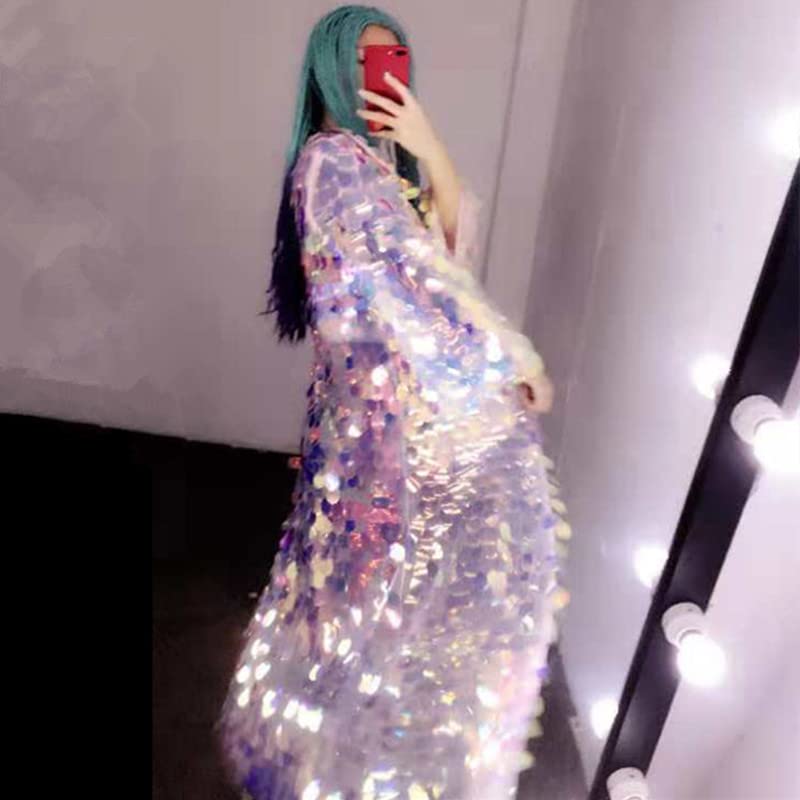 Female Long Sequins Coats Loose Long Sleeve Gold Red Green Pink Silver Casual Jackets Prom Party Singer Dancer One Size2