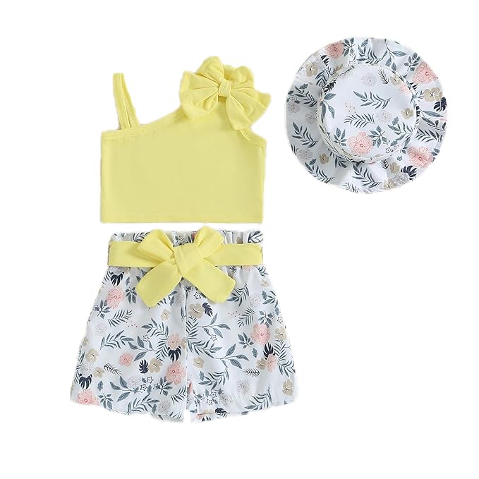 Image of Bold N Elegant Girls Cotton Sleeveless Modern Top and Floral Shorts with Belt and Hat Trendy Coords Set Baby Girl Party Dress Outfit