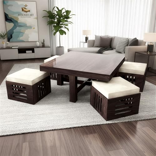 Image of Solid Sheesham Wood Coffee Table for Living Room | Wooden Square Coffee /Tea Table with 4 Cushioned Stools |Center table with Storage Teapoye for Home, Living Room, Balcony, Natural Walnut