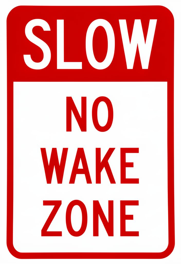 peiyeety SLOW NO WAKE ZONE Tin Sign 12x8 Inch, Red & White Metal Wall Decor Plaque, Funny Lake House Boating Dock Sign, Garage Bar Man Cave Patio Nautical Gift