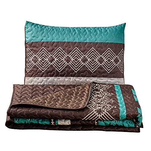 WPM WORLD PRODUCTS MART Southwest Teal/Beige/Brown Print Bedspread 3 Piece Navajo/Native American Tribal Design Microfiber Cabin Lodge Quilt Set- Queen Size Southwestern Bedding Makala (Queen) - Thumbnail 6