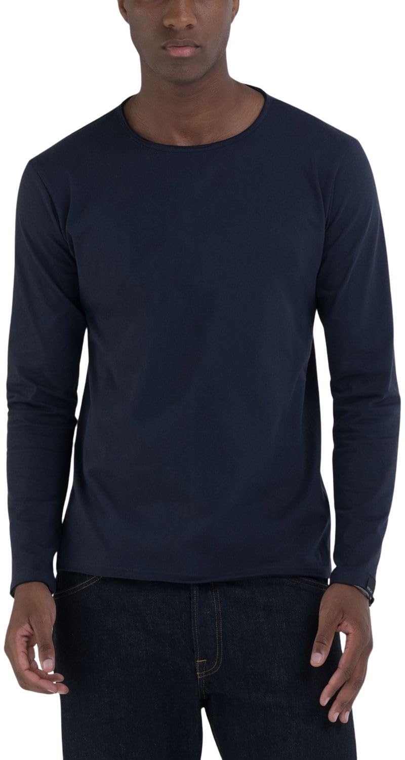 Replay Camiseta básica de Manga Larga para Hombre, Corte Regular con Cuello Redondo, 067 Night Blue, M