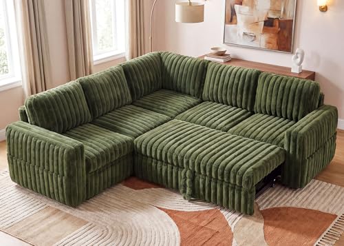 Image of HONBAY Plush Corduroy Modular Sectional Sofa with Pull Out Bed, Convertible L Shaped Couch with Storage,Sleeper Sectional Couches for Living Room,Plush Green