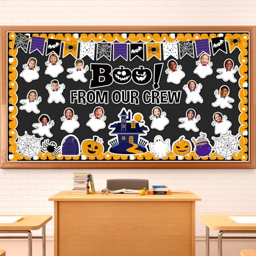 Image of Halloween Ghost Bulletin Board Set Classroom Decorations Pumpkin Castle Paper Cutouts BOO Ghost Pattern Spider Web DIY Photos Bulletin Board Halloween Party Back to School Nursery Classroom Wall Decor