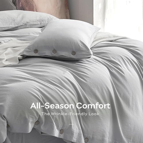 Image of JELLYMONI 100% Washed Cotton Duvet Cover Queen - Soft, Breathable Linen-Look Bedding with Natural Wrinkle Texture, Button Closure, 3-Piece Set (Pale Grey, 90 inchx90 inch)