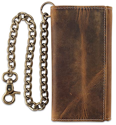 Image of F&L CLASSIC RFID Blocking Mens Tri-fold Long Style Cowhide Leather Steel Chain Wallet,buffalo wax vintage leather,212 wax brown W /white stitching
