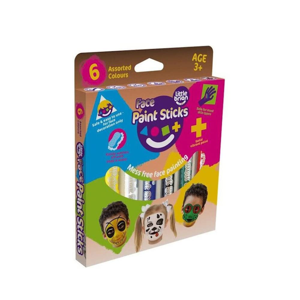 Little Brian Face Paint Sticks For Kids - 6 Pack Assorted Colours - Sensitive Skin Safe, Nontoxic, Mess-Free, Easy Clean Up, Fast Drying Action, Vibrant Colours, Twist & Paint