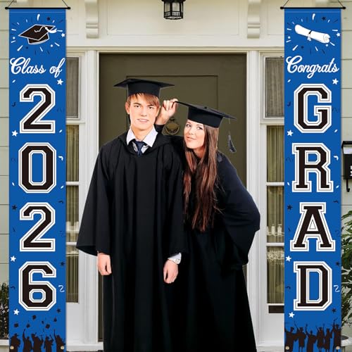 Image of 2026 Graduation Decorations, Royal Blue Graduation Banner Class of 2026, Hanging Congratulations /Congrats Grad Porch Banner for Door Schools Grad Party Decorations Navy Blue