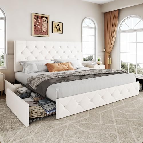 Image of Allewie Upholstered King Size Platform Bed Frame with 4 Storage Drawers and Adjustable Headboard, Diamond Button Tufted, Wooden Slats Support, Noise-Free, No Box Spring Needed, Easy Assembly, White