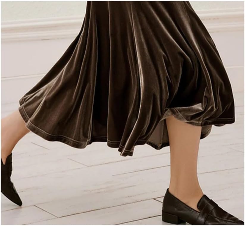 Women's Silk Velour Midi Skirt High Waist A-Line Long Casual Office Skirt for Daily Wear4