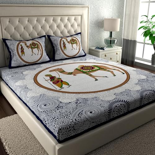 Image of LA VERNE 104 TC Cotton Double Bed Bedsheet Jaipuri Rajasthani Print Bedsheet with 2 Pillow Covers