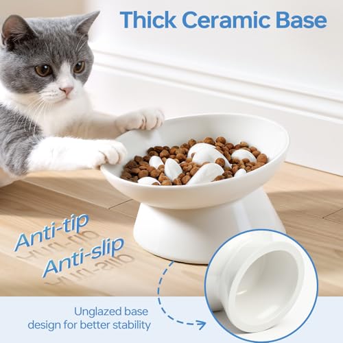 IDOGCHEW Keramik Anti Schling Napf Katze Erhöht, Neigung für gesündere Halswirbel, Slow Feeder für Nassfutter, Antischlingnapf für Katzen und Kleine Hunde, Weiß
