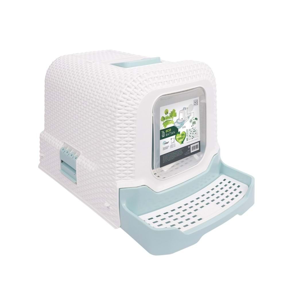 M-PETS ECO RATTAN KAPALI KEDİ TUVALETİ WHİTE/BLUE