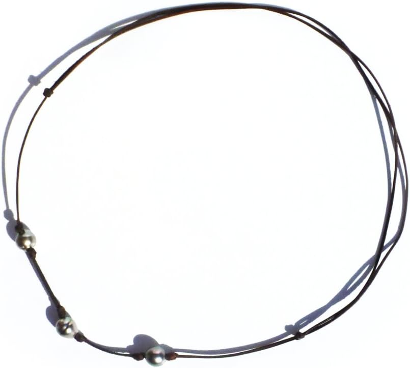 Three Tahitian pearls necklace on Australian leather, Leather, Pearl