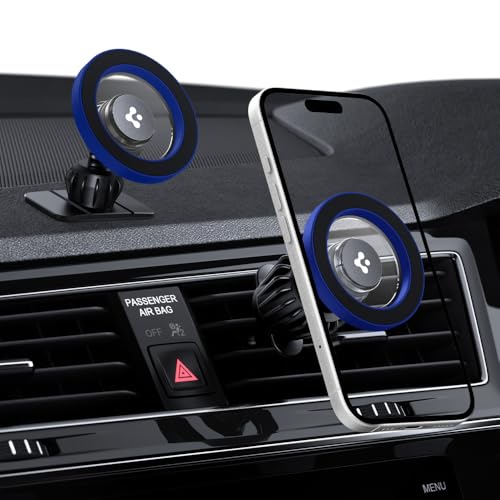 Image of Spigen Magnetic Air Vent Car Mobile Holder, Super Strong Magnet, (Magnetic Ring & Extra Mini Dashboard Mount Included) for iPhone 17 /16 /15 /13 /12, Samsung Galaxy Series & More (MFT13) - Blue