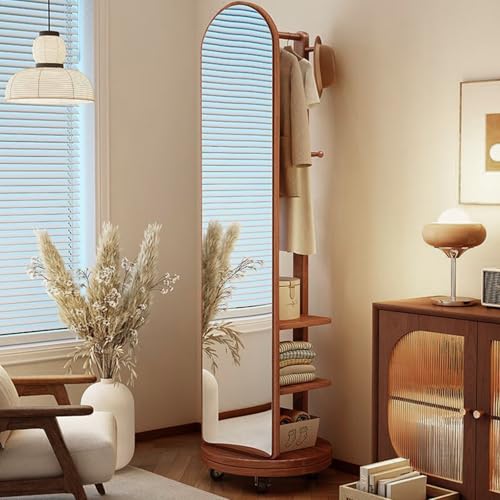 全身鏡 3in1の機能収納ハンガーラック付 スタンドミラー HD鏡面姿見鏡 プーリー付きで、自由に移動できます姿見ミラー 天然木製 飛散防止 スタ組み立て簡単 ンド省スペース キャスター付き、自由に移動可能 (ウォールナット色, 168*40*30キャスタ