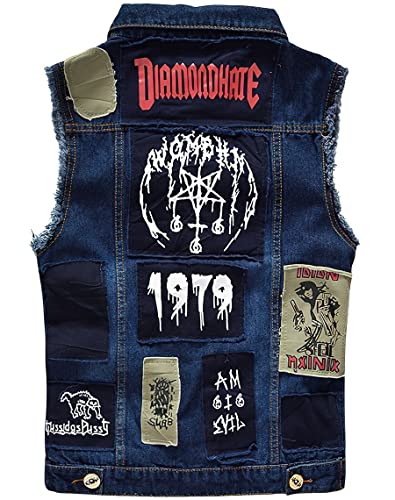 Image of ebossy Men's Ripped Distressed Denim Vest Sleeveless Button Up Jean Vest Jacket (Small, Pattern-blue)